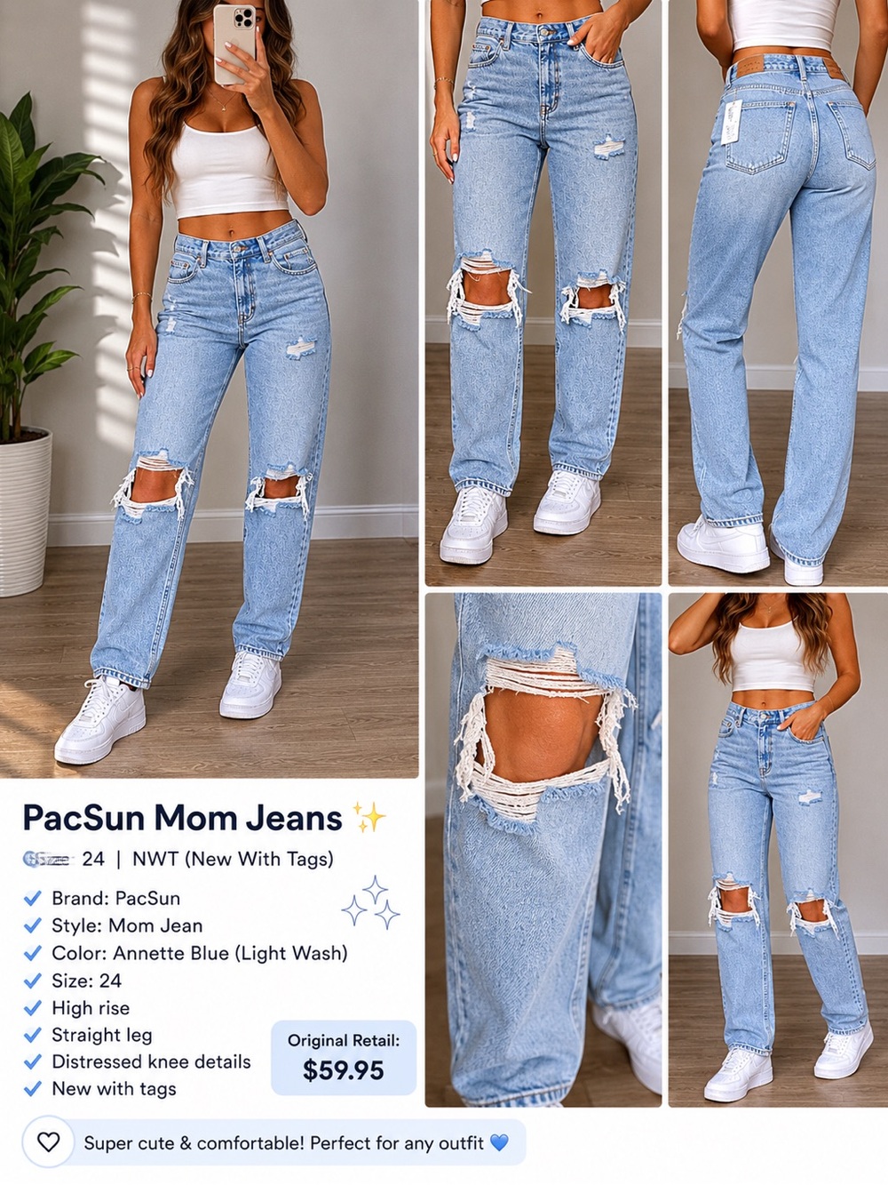 PacSun Mom Jeans Size 24 NWT Distressed Light Wash Denim
